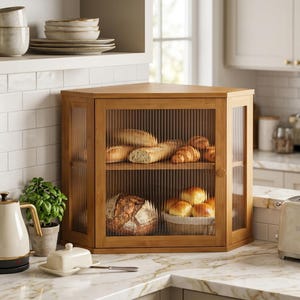 May include: A corner bread box made of light brown bamboo with two tiers and fluted glass panels. The top shelf holds several loaves of bread and croissants, while the bottom shelf contains a large round loaf and a basket of small rolls.