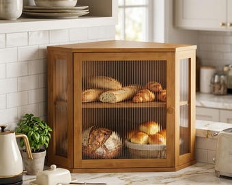 Bamboo Corner Bread Box with Acrylic Wavy Door Panel, Large Capacity Bread Storage Bin