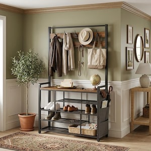 May include: A hall tree with a black metal frame and wooden shelves, featuring a top hanging rail with hooks for a hat, scarf, and bag. The unit includes three mesh shoe racks, a side storage pocket, and a woven basket for organization.