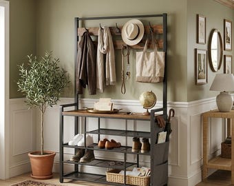 Industrial Hall Tree with Storage Bench, Metal Wood Entryway Organizer