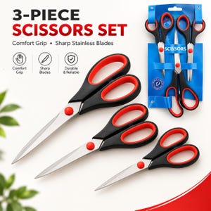 May include: A 3-piece scissors set featuring stainless steel blades and black handles with red comfort grips. The packaging displays the text 3-PIECE SCISSORS SET, Comfort Grip, Sharp Stainless Blades, and includes three pairs of scissors.