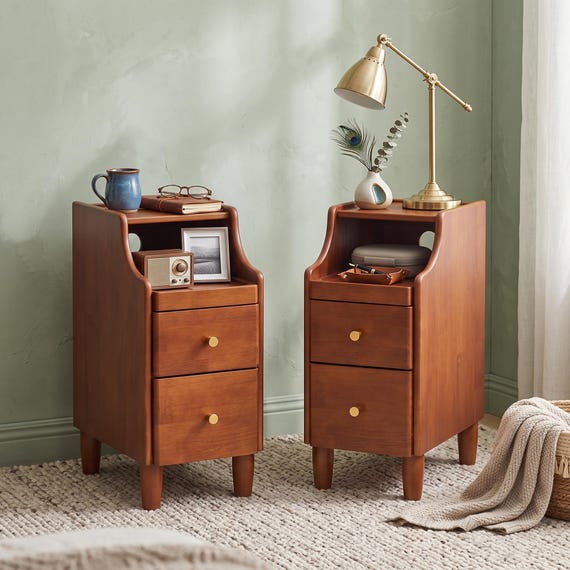 Solid Wood Slim Nightstand: 4-Tier Storage, Slide-Out Tray, Mid-Century Style