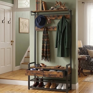 May include: A rustic entryway organizer with a dark metal frame, wooden shelves, and drawers. It features a top shelf with books and decor, a hanging rack with a hat, scarf, and coat, and a shoe rack below. The color scheme includes brown, black, and green.
