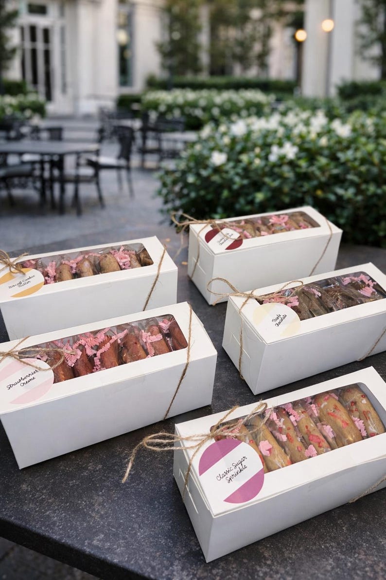 K&ouml;nnte beinhalten: Mehrere wei&szlig;e Schachteln mit transparenten Fenstern, jede mit Bindfaden gebunden und mit Keksen gef&uuml;llt. Die Schachteln sind mit Geschmacksrichtungen wie "Strawberry Creme" und "Classic Sugar Sprinkle" beschriftet. Rosa Papierschnipsel sind in den Schachteln sichtbar.