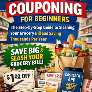 May include: Book cover titled "EXTREME COUPONING FOR BEGINNERS" with text about saving money on groceries. Includes a shopping bag with groceries, coupons, cash, and a smartphone displaying a cashback app.