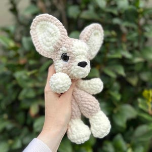以下が含まれることがあります： 柔らかいピンクと白の手作りのかぎ針編みのウサギのおもちゃ。ウサギは大きな耳、小さな黒い鼻、青い目をしています。おもちゃは、緑の葉の背景に対して、人の手で持たれています。
