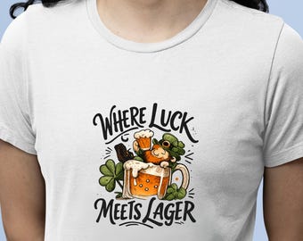 St. Patrick’s Day Leprechaun Beer Shirt, Lucky Clover Beer Mug Tee, Funny Irish Drinking Shirt, Where Luck Meets Lager T-Shirt