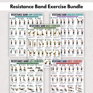 May include: A set of five instructional posters titled Resistance Band Exercise Bundle, featuring diagrams for arm, shoulder, back, leg, and chest exercises. Each poster displays numbered illustrations of figures using resistance bands.