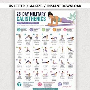 May include: A 28-day military calisthenics workout chart featuring a header with the text 28-DAY MILITARY CALISTHENICS, followed by a grid of 28 numbered exercise illustrations with instructions, duration, and repetition counts for each movement.