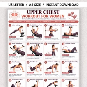 May include: A digital workout chart titled UPPER CHEST WORKOUT FOR WOMEN, featuring sixteen numbered exercise illustrations with instructions. The layout includes diagrams for incline push-ups, dumbbell presses, and resistance band movements.