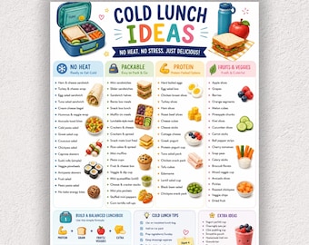 Printbare tabel met ideeën voor koude lunches, lunchplanner zonder opwarmen, lijst met gezonde schoollunches, handleiding voor meeneemlunches voor kinderen en volwassenen (pdf)