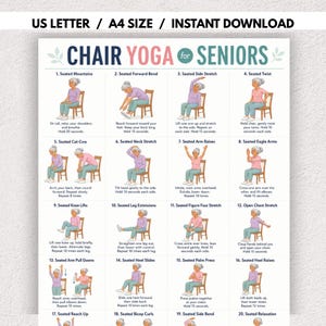Op de afbeelding: Een digitale poster getiteld CHAIR YOGA for SENIORS met twintig genummerde illustraties van een persoon in een paars shirt en blauwe broek die verschillende zittende yoga-oefeningen uitvoert op een houten stoel, inclusief instructietekst.