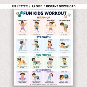 Tabella di esercizi per bambini stampabile in PDF / Divertente poster di fitness per bambini per lezioni di educazione fisica e allenamenti a casa / Routine di attività fisica quotidiana per bambini