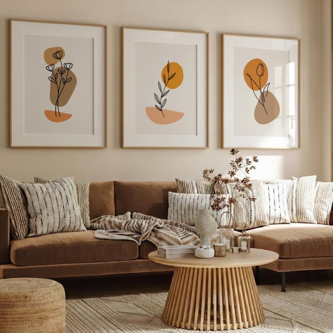 Modern Boho Botanical Line Art Print Set of 3, Neutral Terracotta ...