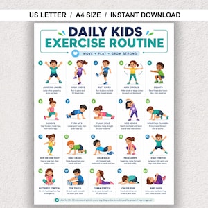 Quadro de Exercícios Infantis para Imprimir – Pôster com 20 Movimentos Diários de Treino | Rotina de Exercícios Infantis em PDF (A4, Carta e EUA) | Decoração para Sala de Aula, Educação Física e Ensino Domiciliar