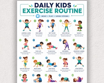 Kids Exercise Chart Printable – 20 Daily Workout Moves Poster | Kids Fitness Routine PDF A4 US Letter | Classroom, PE & Homeschool Decor