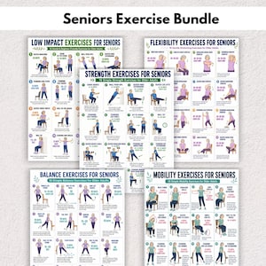 May include: A collection of five instructional posters titled Seniors Exercise Bundle, featuring Low Impact, Flexibility, Strength, Balance, and Mobility exercises. Each poster displays numbered illustrations of people performing movements with text instructions.