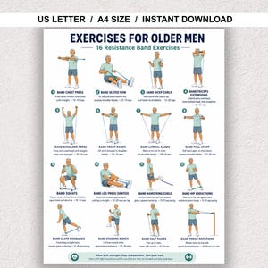 May include: A white instructional poster titled EXERCISES FOR OLDER MEN featuring 16 numbered illustrations of a person performing resistance band exercises. The chart includes text descriptions for each movement, US LETTER / A4 SIZE / INSTANT DOWNLOAD.
