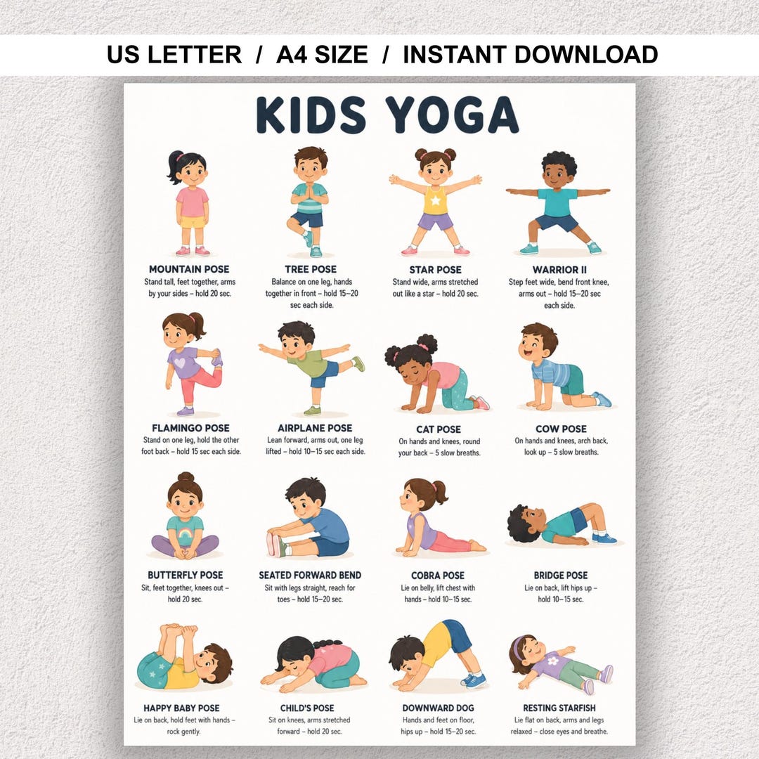 Kids Yoga Poster Printable | 16 Easy Yoga Poses for Children | PE