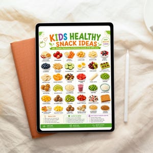 Pu&ograve; includere: Un tablet digitale che mostra un grafico colorato intitolato Kids Healthy Snack Ideas, con una griglia di vari alimenti come frutta, verdura e cracker, insieme a sezioni di testo con consigli sugli spuntini e informazioni nutrizionali.
