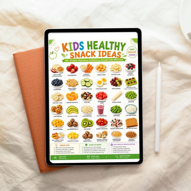Pu&ograve; includere: Un tablet digitale che mostra un grafico colorato intitolato Kids Healthy Snack Ideas, con una griglia di vari alimenti come frutta, verdura e cracker, insieme a sezioni di testo con consigli sugli spuntini e informazioni nutrizionali.