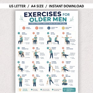 Peut inclure: Une affiche pédagogique blanche intitulée EXERCISES FOR OLDER MEN présentant 16 illustrations numérotées de mouvements de mobilité assis et debout. Le tableau inclut du texte sur le bien-être quotidien, la souplesse et la santé articulaire.