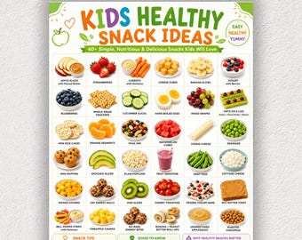 Può includere: Un poster digitale intitolato Kids Healthy Snack Ideas che presenta una griglia di 40 immagini colorate di cibo con etichette. Il grafico include articoli come fette di mela, fragole, carote, cubetti di formaggio ed edamame.
