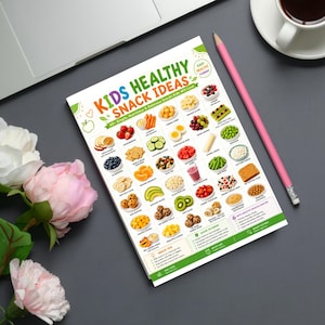 Pu&ograve; includere: Un foglio informativo bianco intitolato KIDS HEALTHY SNACK IDEAS che presenta illustrazioni colorate di vari alimenti come fragole, carote e mirtilli, organizzati in una griglia con etichette di testo e sezioni per consigli e benefici.