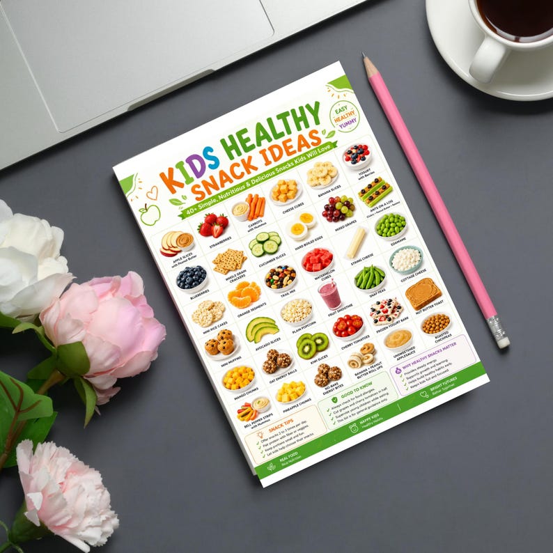 Pu&ograve; includere: Un foglio informativo bianco intitolato KIDS HEALTHY SNACK IDEAS che presenta illustrazioni colorate di vari alimenti come fragole, carote e mirtilli, organizzati in una griglia con etichette di testo e sezioni per consigli e benefici.