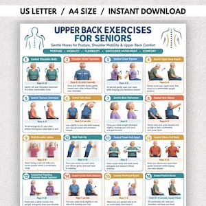 May include: An instructional poster titled Upper Back Exercises for Seniors featuring sixteen numbered panels with illustrations of people performing movements like shoulder rolls, chest openers, and wall slides with text instructions.