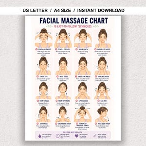 May include: A white facial massage chart with 16 easy-to-follow techniques. The chart includes illustrations and instructions for forehead sweep, temple circles, brow pinch, under eye sweep, cheek lift, nose sides, smile line press, and jawline sweep.