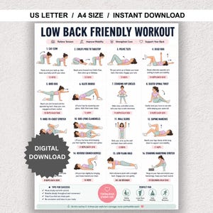 May include: A digital workout chart titled LOW BACK FRIENDLY WORKOUT featuring sixteen illustrated exercise steps with text instructions, rep counts, and a digital download badge. The layout includes US LETTER and A4 SIZE text at the top.
