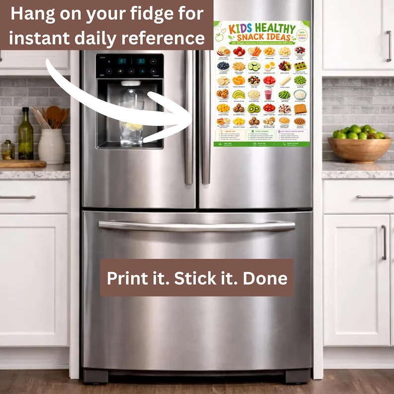 Pu&ograve; includere: Un poster rettangolare intitolato Kids Healthy Snack Ideas attaccato a un frigorifero in acciaio inossidabile. Il poster presenta una griglia di varie illustrazioni di cibo, tra cui frutta, verdura e cereali, con etichette di testo.