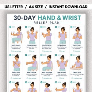 May include: A 30-day hand and wrist relief plan chart featuring US letter and A4 size instant download text. The document displays fifteen numbered instructional panels with illustrations of a person performing various hand and wrist exercises.