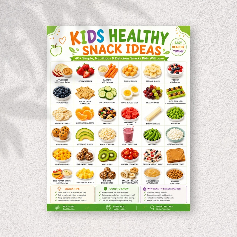 Pu&ograve; includere: Un poster educativo bianco intitolato Kids Healthy Snack Ideas che presenta oltre 40 fotografie colorate di vari alimenti come frutta, verdura e cereali. Il grafico include etichette di testo per ogni spuntino e sezioni con consigli e informazioni.