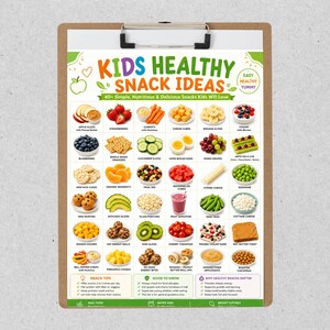Pu&ograve; includere: Una cartellina con una tabella intitolata Kids Healthy Snack Ideas che mostra 40 illustrazioni colorate di alimenti, tra cui frutta, verdura e cereali. La tabella include sezioni con consigli sugli spuntini, informazioni nutrizionali e l'importanza di una dieta sana.