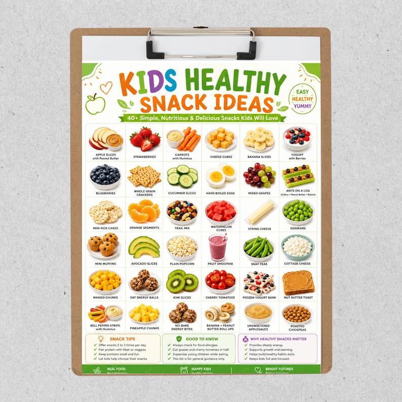 Pu&ograve; includere: Una cartellina con una tabella intitolata Kids Healthy Snack Ideas che mostra 40 illustrazioni colorate di alimenti, tra cui frutta, verdura e cereali. La tabella include sezioni con consigli sugli spuntini, informazioni nutrizionali e l'importanza di una dieta sana.