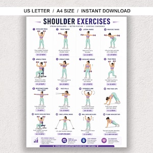 Op de afbeelding: Een witte poster met de titel "SHOULDER EXERCISES" en illustraties van verschillende oefeningen. De oefeningen omvatten schouderdrukken, front raises, lateral raises en meer. De poster is ontworpen voor direct downloaden.