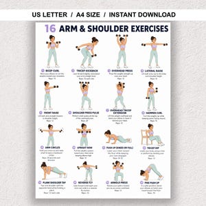May include: A poster detailing 16 arm and shoulder exercises, such as bicep curls and tricep kickbacks. The poster includes the text "US LETTER / A4 SIZE / INSTANT DOWNLOAD". Each exercise is illustrated with a person performing the movement.