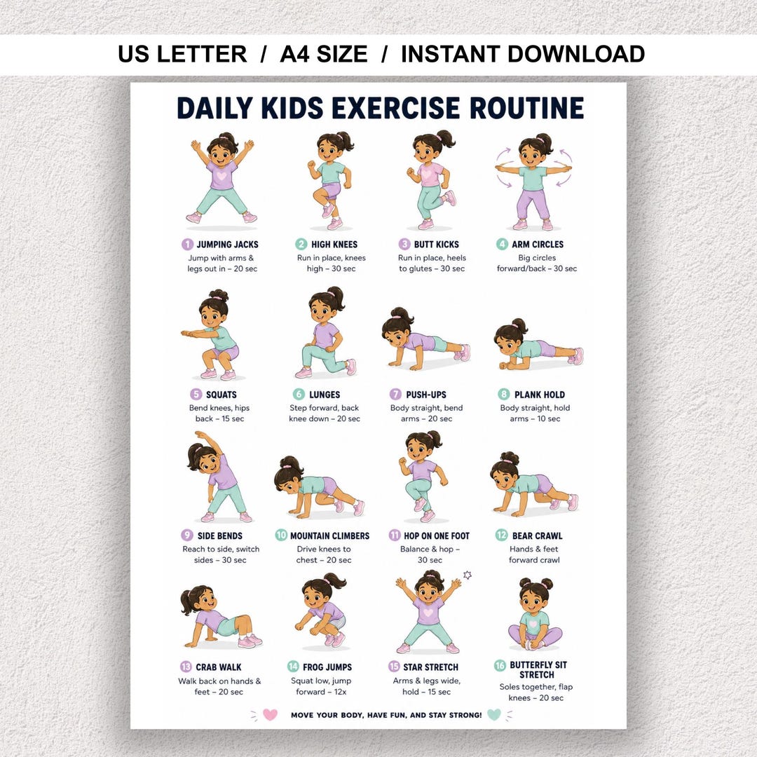 Kids Exercise Programme Kids Exercise Chart Printable PDF – 16 Daily Workout Moves for Boys ...