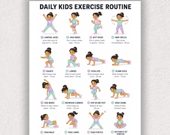 Kids Exercise Chart Printable PDF – 16 Daily Workout Moves for Boys & Girls | Kids Fitness Routine Poster | Homeschool Activity
