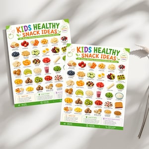 Pu&ograve; includere: Due poster bianchi identici intitolati Kids Healthy Snack Ideas che presentano una griglia di fotografie a colori di alimenti, tra cui frutta, verdura e cereali. Ogni poster include sezioni di testo con consigli, fatti utili e benefici.