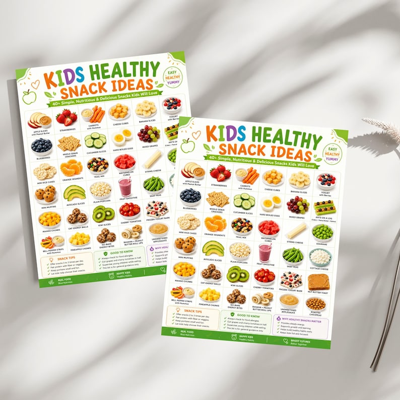 Pu&ograve; includere: Due poster bianchi identici intitolati Kids Healthy Snack Ideas che presentano una griglia di fotografie a colori di alimenti, tra cui frutta, verdura e cereali. Ogni poster include sezioni di testo con consigli, fatti utili e benefici.