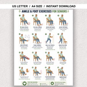 Puede incluir: Un gráfico digital titulado ANKLE & FOOT EXERCISES FOR SENIORS con dieciséis ilustraciones numeradas de una persona realizando ejercicios de fisioterapia. El documento incluye instrucciones de texto para cada ejercicio, US LETTER / A4 SIZE / INSTANT DOWNLOAD.
