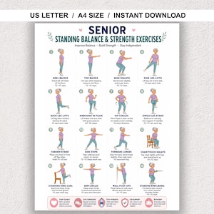 Può includere: Un poster digitale intitolato Senior Standing Balance & Strength Exercises che presenta sedici illustrazioni numerate di una persona anziana che esegue vari movimenti fisici, inclusi sollevamenti dei talloni, squat e affondi, con testo didattico.