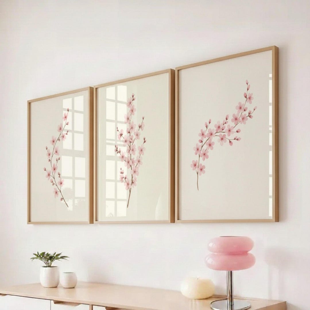Cherry Blossom Wall Art Set of 3, Sakura Watercolor Prints, Light Pink ...