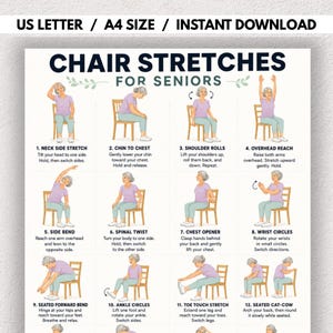 Chair Stretching Exercises for Seniors, Seated Stretch Routine Printable, Gentle Chair Mobility Chart, Senior Flexibility, Instant Download