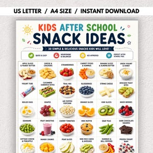 Könnte beinhalten: Ein weißes Informationsplakat mit dem Titel KIDS AFTER SCHOOL SNACK IDEAS, das ein Raster aus 30 Lebensmitteln mit Beschriftungen zeigt. Die Übersicht enthält Illustrationen von Obst, Gemüse, Milchprodukten und Snacks, die in Reihen angeordnet sind.