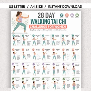 Può includere: Un grafico di sfida di 28 giorni di camminata Tai Chi con 28 riquadri di istruzioni numerati che illustrano una persona che esegue vari movimenti. Il testo include titoli e passaggi quotidiani per migliorare l'equilibrio, la mobilità e la connessione mente-corpo.