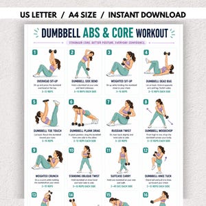 May include: A digital workout chart titled DUMBBELL ABS & CORE WORKOUT featuring sixteen numbered illustrations of a person performing various exercises with dumbbells. Each section includes the exercise name, instructions, and repetition counts.